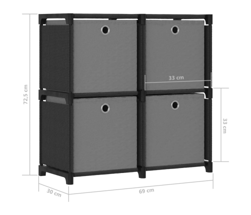 Estantería de 4 cubos con cajas de tela negro 69x30x72,5 cm