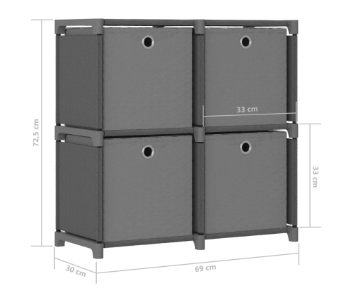 Estantería de 4 cubos con cajas de tela gris 69x30x72,5 cm