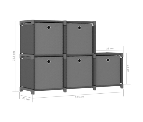 vidaXL Estantería de 5 cubos con cajas tela gris 103x30x72,5 cm