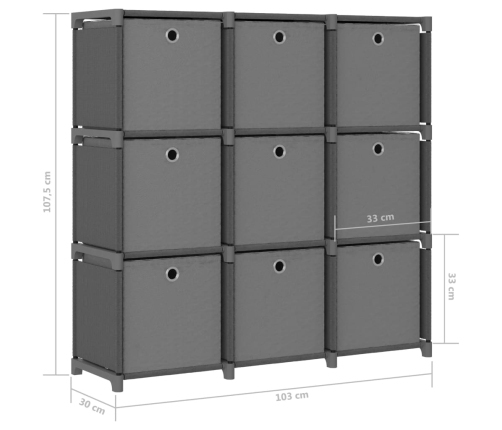 vidaXL Estantería de 9 cubos con cajas de tela gris 103x30x107,5 cm