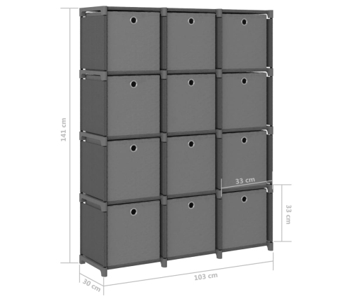 Estantería de 12 cubos con cajas tela gris 103x30x141 cm