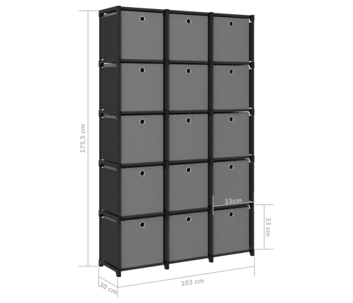 Estantería de 15 cubos con cajas de tela negro 103x30x175,5 cm