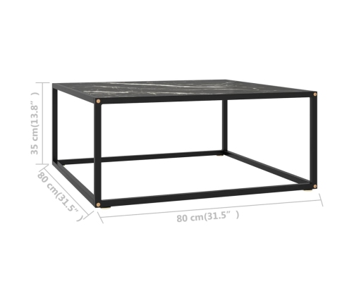 vidaXL Mesa de centro negra con vidrio de mármol negro 80x80x35 cm