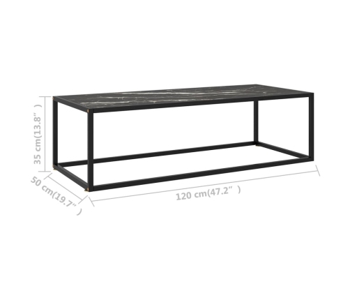 vidaXL Mesa de centro negra con vidrio de mármol negro 120x50x35 cm