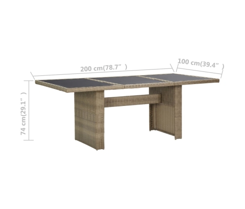 Mesa de comedor jardín vidrio y ratán PE marrón 200x100x74 cm