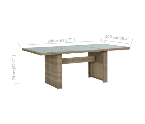 Mesa de comedor jardín vidrio y ratán PE marrón 200x100x74 cm