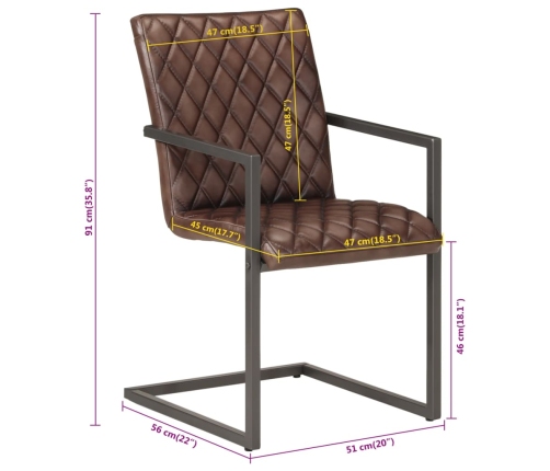 Sillas voladizas de comedor 2 unidades cuero auténtico marrón