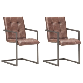 Sillas de comedor voladizad 2 uds cuero real marrón desgastado