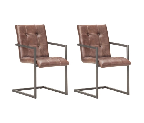 Sillas de comedor voladizad 2 uds cuero real marrón desgastado
