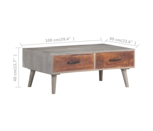 Mesa de centro madera maciza de mango rugosa gris 100x60x40 cm