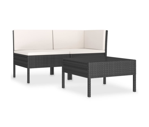 Set de muebles de jardín 3 pzas y cojines ratán sintético negro