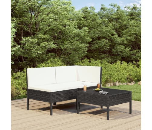 Set de muebles de jardín 3 pzas y cojines ratán sintético negro