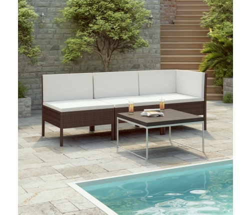 Set muebles de jardín 3 pzas y cojines ratán sintético marrón