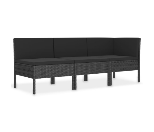 Set de muebles de jardín 3 pzas y cojines ratán sintético negro