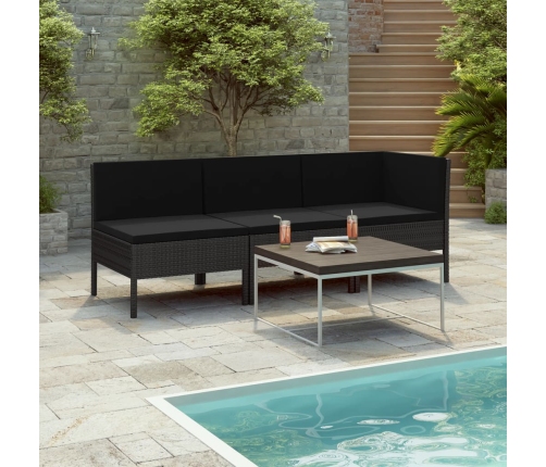 Set de muebles de jardín 3 pzas y cojines ratán sintético negro