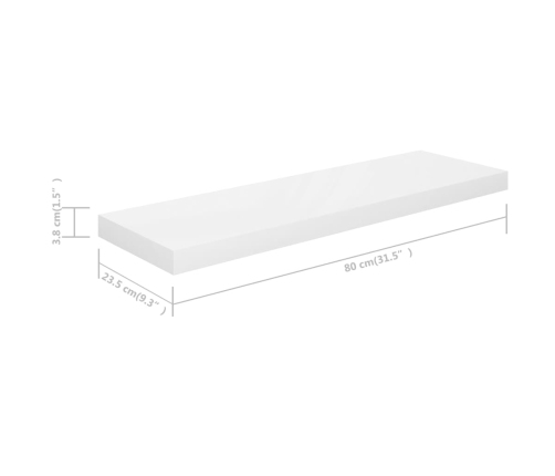 Estante flotante de pared blanco brillante MDF 80x23,5x3,8 cm