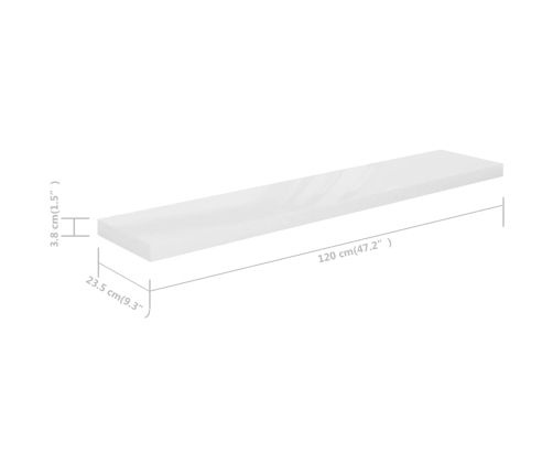 Estante flotante de pared blanco brillante MDF 120x23,5x3,8 cm