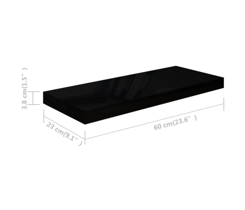 Estante flotante de pared 2 uds MDF negro brillo 60x23,5x3,8 cm