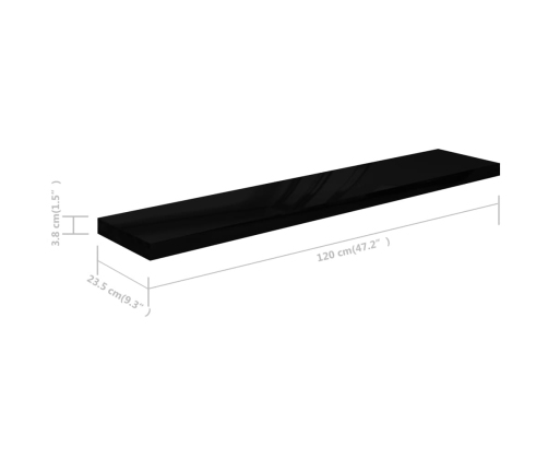 Estante flotante de pared MDF negro brillante 120x23,5x3,8 cm