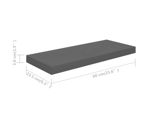 vidaXL Estante flotante de pared MDF gris brillo 60x23,5x3,8 cm