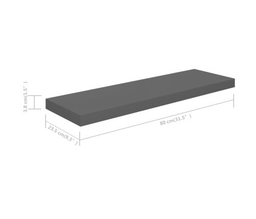 Estante flotante de pared MDF gris brillo 80x23,5x3,8 cm