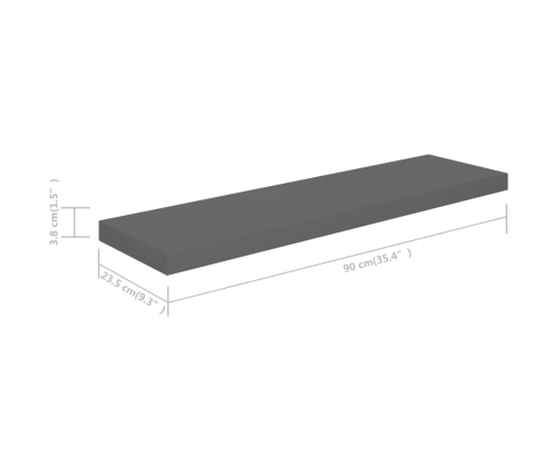 Estante flotante de pared gris con brillo MDF 90x23,5x3,8 cm