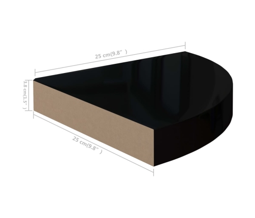 Estante flotante de esquina MDF negro brillo 25x25x3,8 cm