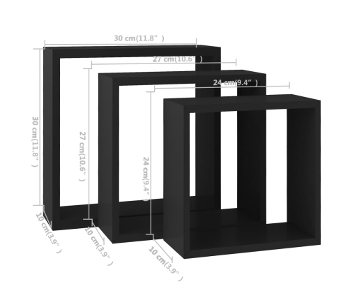 Estantes cubo de pared 3 unidades MDF negro