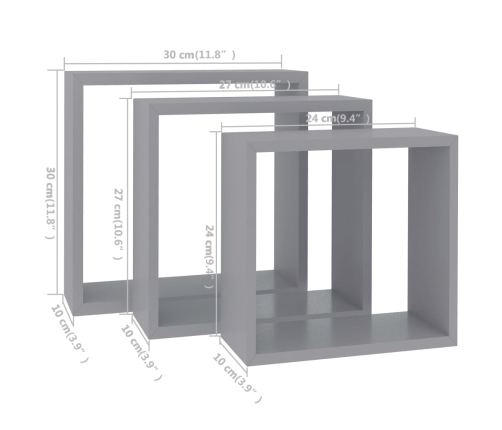 vidaXL Estantes cubo de pared 3 unidades MDF gris