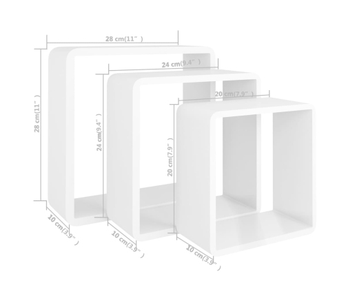 vidaXL Estantes cubo de pared 3 unidades MDF blanco