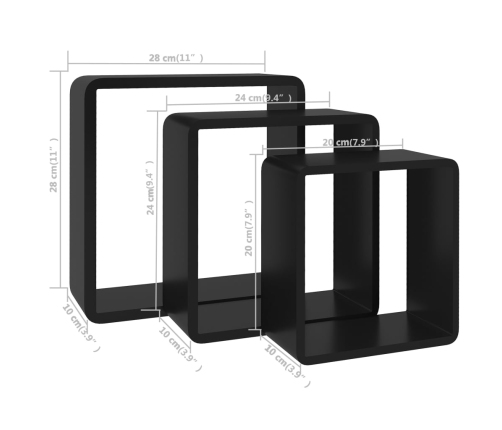 Estantes cubo de pared 3 unidades MDF negro