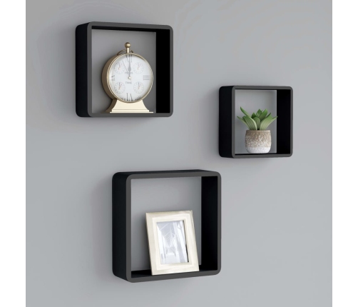 Estantes cubo de pared 3 unidades MDF negro