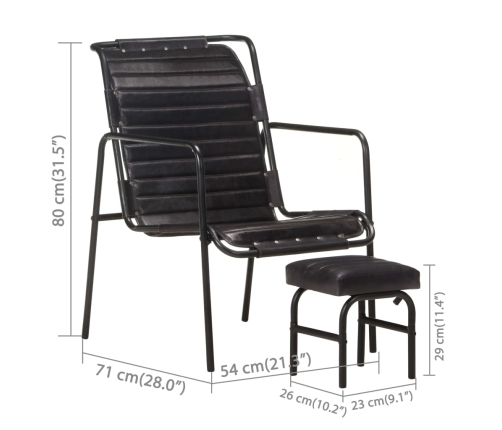 Silla de relax reposabrazos y reposapiés cuero auténtico negro