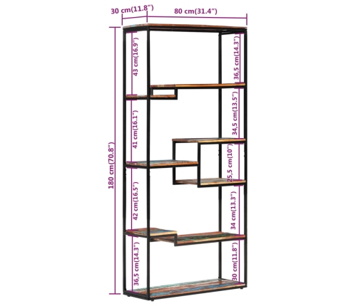 Estantería de madera maciza reciclada 80x30x180 cm