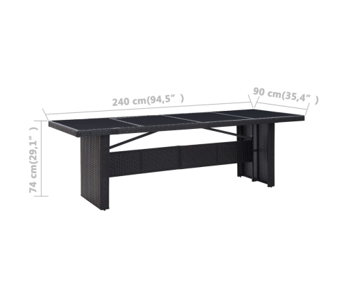 Mesa de jardín ratán sintético y vidrio negro 240x90x74 cm