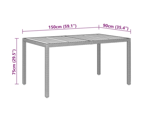 Mesa de jardín madera acacia ratán sintético negro 150x90x75 cm