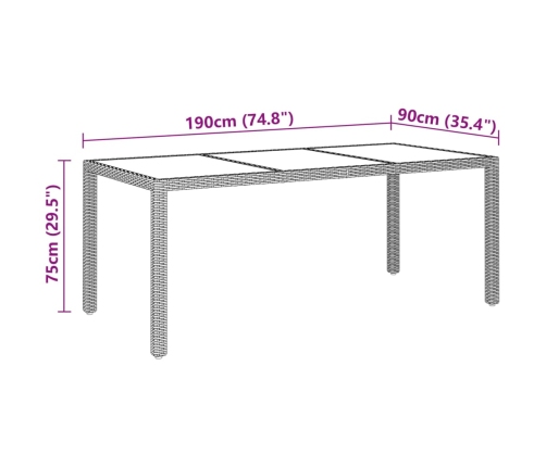 Mesa jardín vidrio templado ratán sintético marrón 190x90x75 cm