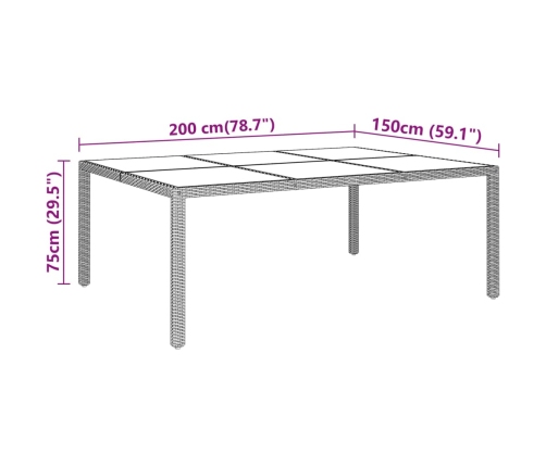 vidaXL Mesa jardín vidrio templado ratán sintético negro 200x150x75 cm