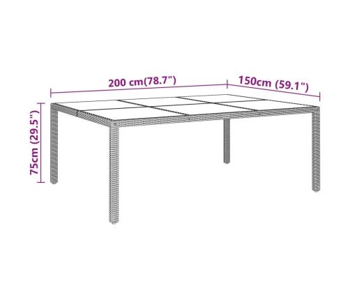 vidaXL Mesa jardín vidrio templado ratán sintético gris 200x150x75 cm