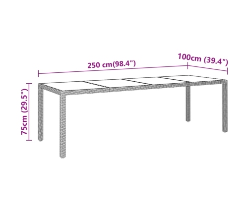 vidaXL Mesa jardín vidrio templado ratán sintético gris 250x100x75 cm