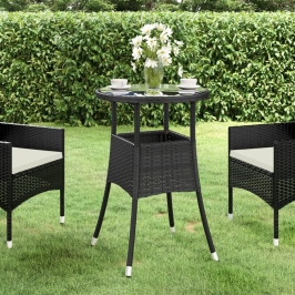 Mesa de jardín vidrio templado ratán sintético negro Ø60x75 cm