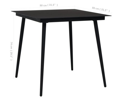 Mesa de comedor de jardín acero y vidrio negra 80x80x74 cm