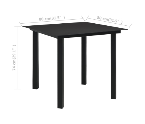 vidaXL Mesa de comedor de jardín acero y vidrio negra 80x80x74 cm