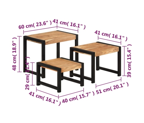 vidaXL Mesas apilables 3 uds madera maciza con acabado de sheesham