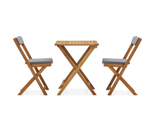 Mesa y sillas bistró plegables 3 pzas y cojines madera maciza