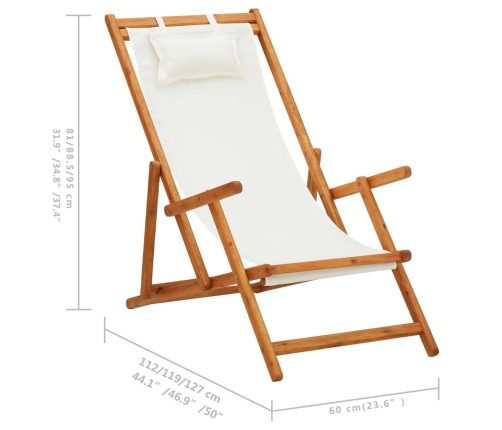 vidaXL Silla de playa plegable madera maciza de eucalipto y tela crema