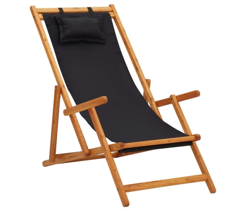 vidaXL Silla de playa plegable madera maciza de eucalipto y tela negra