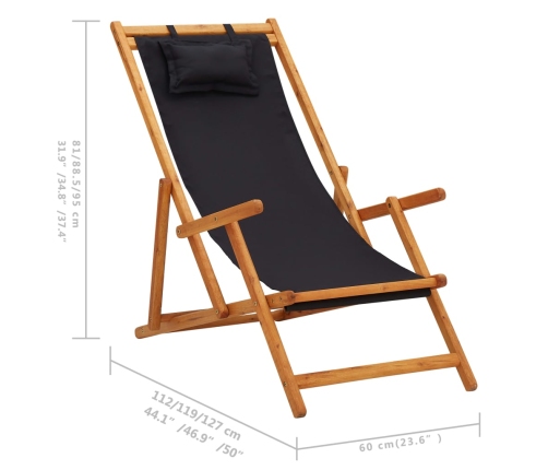 vidaXL Silla de playa plegable madera maciza de eucalipto y tela negra