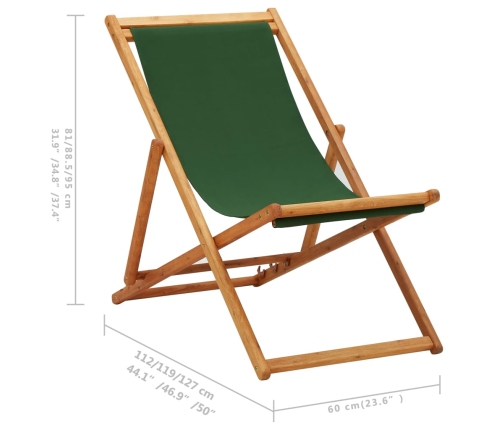 vidaXL Silla de playa plegable madera de eucalipto y tela verde