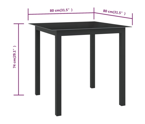 Mesa de jardín de aluminio y vidrio negro 80x80x74 cm